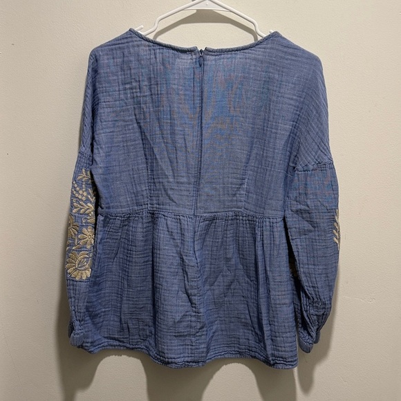 Sundance Embroidered Peplum Top Blue Tan L/S - Picture 5 of 6